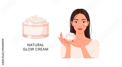 Woman applying natural glow cream in soft warm lighting for skincare advertising