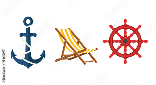 A blue anchor with rope, a striped yellow and white deck chair, and a red ship's steering wheel are displayed on a clean white backdrop.