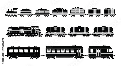 A series of black train cars including locomotives tankers and passenger cars depicted in a stark silhouette high quality professional detailed