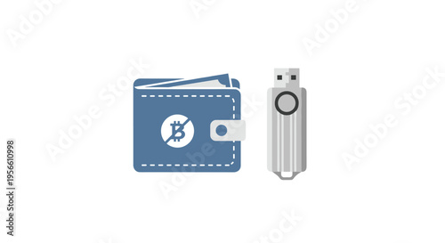 A blue digital wallet with a Bitcoin symbol and a silver USB flash drive are positioned side by side on a clean white surface.