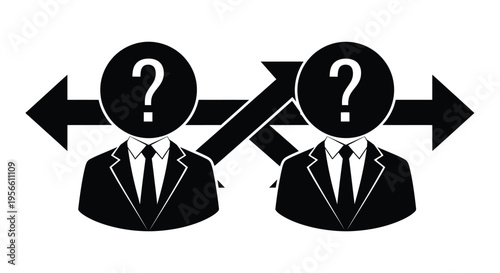 Two anonymous business figures with question marks for heads face opposite directions, connected by crossing bidirectional arrows indicating complex communication.