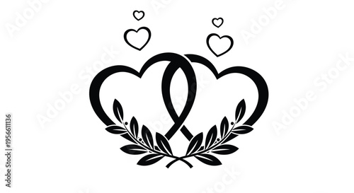 Two intertwined hearts crowned with small floating hearts and flanked by olive branches below represent eternal love, commitment, or a celebrated union concept.