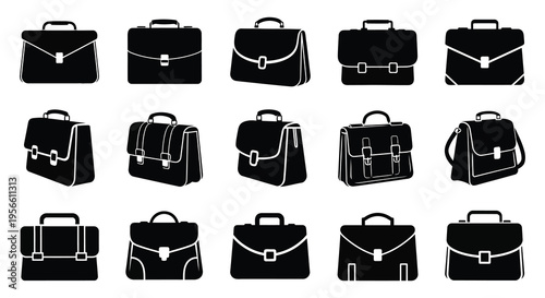 An arrangement of fifteen black briefcases displayed against a white background showcasing various styles a silhouette high quality professional detailed
