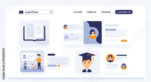 A LearnFlow educational website interface displays an open book, user profiles, chat bubbles, and a student with a graduation cap on a light background.