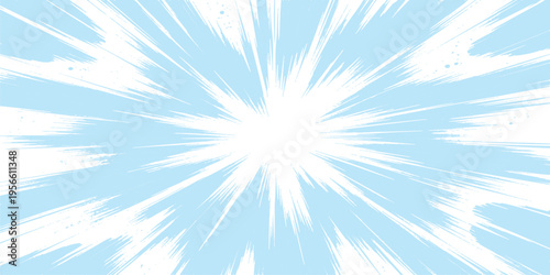 A bright white light burst with dynamic sunburst rays set against a soft pale blue background