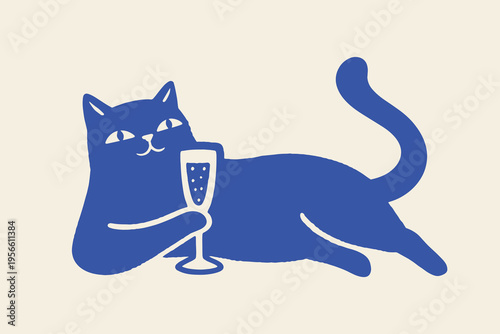 Cat with champagne glass naive hand drawn vector illustration