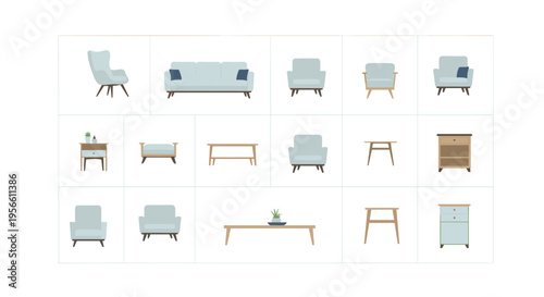 A collection of fifteen minimalist furniture items, including sofas, armchairs, and tables, is arranged in a grid on a white background.
