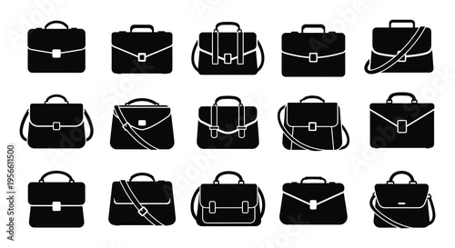 A collection of various black briefcase designs displayed in a minimalist style presenting a stark silhouette high quality professional detailed modern