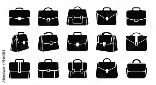 A collection of black briefcases in varying styles and shapes presented as a stark graphic silhouette high quality professional detailed modern