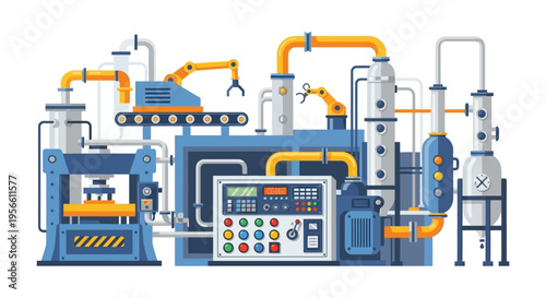 A complex industrial machine with pipes gears and robotic arms is depicted in a flat vector silhouette high quality professional detailed