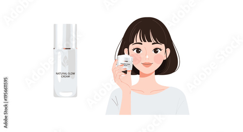 Woman applying facial serum in minimalist flat illustration with soft natural lighting for skincare advertising