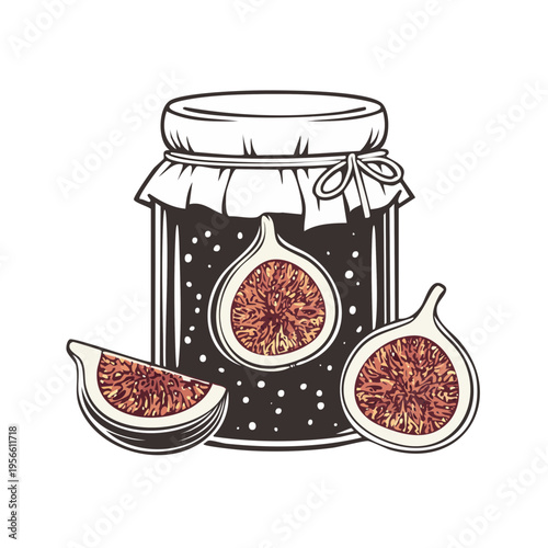 Handcrafted fig jam in a jar with fresh fruit slices illustration