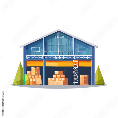 Modern Warehouse Building with Stored Goods and Loading Dock Doors