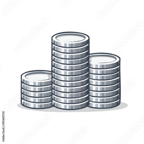 Three stacks of silver coins in varying heights representing wealth accumulation savings and financial growth