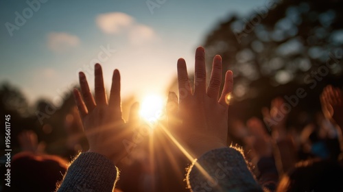Hands raised toward a bright golden sun at golden hour