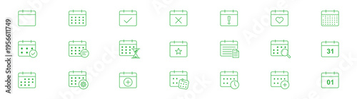 Calendar Icons Set. Schedule, Appointment, Reminder, Date, Time Management Line Icons Collection. Calendar, agenda, planner outline icons set with editable stroke isolated on white background. Eps 10.