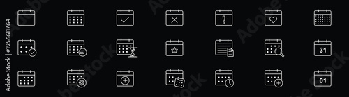 Calendar Icons Set. Schedule, Appointment, Reminder, Date, Time Management Line Icons Collection. Calendar, agenda, planner outline icons set with editable stroke isolated on white background. Eps 10.