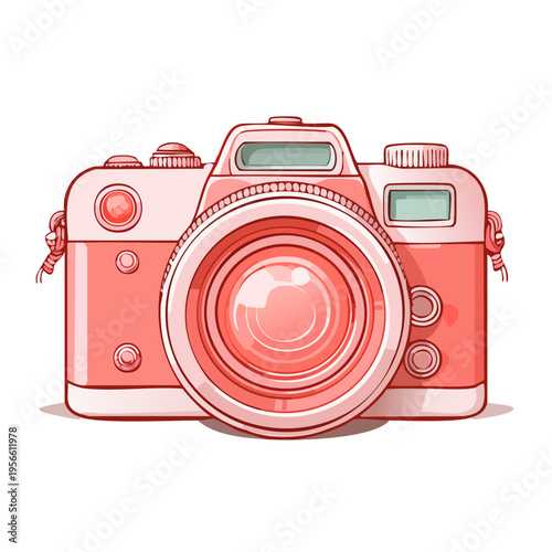 Retro style camera illustration in coral pink color with clean lines