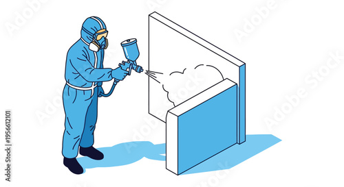 An isometric illustration depicts a worker in protective gear spray painting a white surface rendered as a bold silhouette high quality