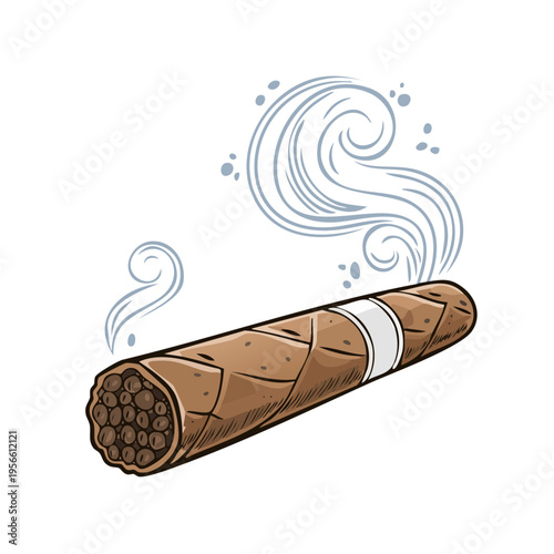 Hand drawn illustration of a lit cigar with wisps of smoke