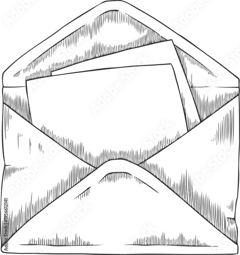 Vintage monochrome sketch of an open mailing envelope with a blank page.