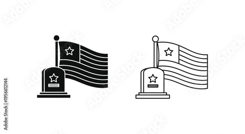 Memorial Day Flag and Gravestone Icon Set