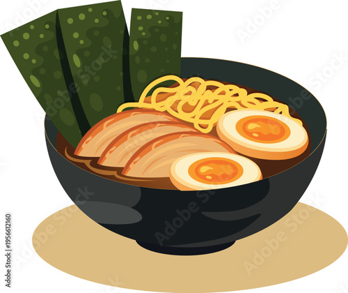 Delicious ramen with noodles, egg and chashu pork, asian cuisine illustration