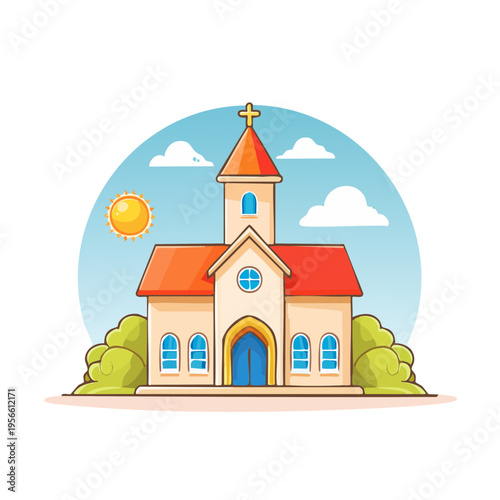 Charming cartoon church building with a cross and bright sun on a clear day.