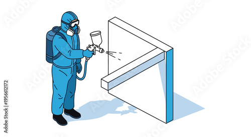 A worker in protective gear sprays a white surface with a spray gun depicted as a bold silhouette high quality professional