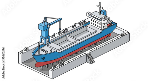 Isometric illustration of a cargo ship in drydock showcasing port infrastructure and detailed vessel design silhouette high quality professional modern elegant