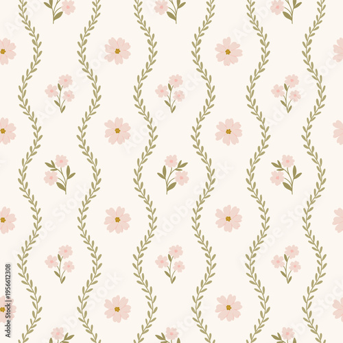 Delicate floral vertical stripes and flowers seamless patterns, repeating background. For 
fabric, nursery, stationery, home and kitchenware products.