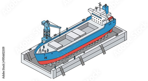 Isometric illustration of a cargo ship docked at a harbor showcasing a minimalist silhouette high quality professional detailed modern elegant stylish