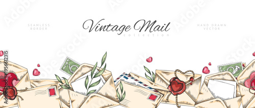 Vintage mail hand drawn seamless border vector design, romantic letter envelopes, postage stamp and red wax seal sketch