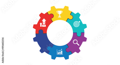 Colorful gear illustration with icons representing success and business concepts