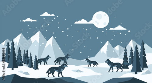 Flat Design Winter Night Landscape with Wolf Pack, Snowy Mountains, Pine Trees and Full Moon Vector Illustration