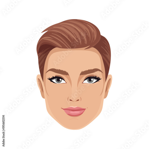 Portrait of a fashionable woman with short brown hair and striking gray eyes