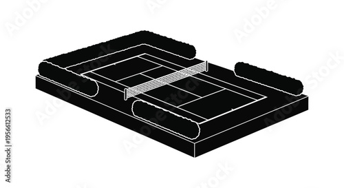 A minimalist black and white depiction of a table tennis setup including the net and playing surface silhouette high quality professional