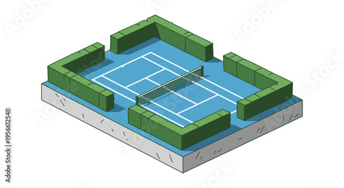 Isometric view of a blue tennis court surrounded by green hedges presented as a distinct silhouette high quality professional detailed modern
