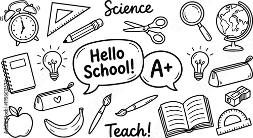 Set of hand drawn back to school doodle icons, black and white education vector elements, science, globe, book, pencil, rulerSet of hand drawn back to school doodle icons