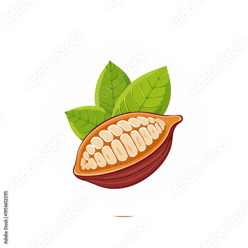 Ripe Cocoa Pod Half with Green Leaves Inside Golden Circle