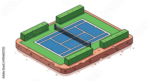 An isometric illustration depicts a tennis court with vibrant colors and a distinct flat silhouette high quality professional detailed modern elegant