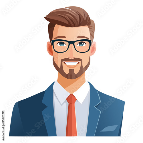 Smiling businessman with glasses and beard in a suit and tie, animated character portrait