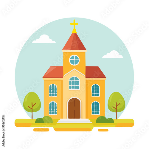 Christian church building with cross and trees simple cartoon illustration