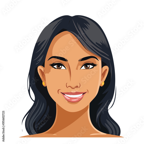 Cartoon portrait of a young woman with dark hair smiling, featuring warm skin tone and golden earrings