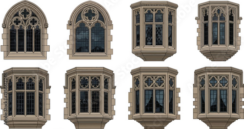 Set of detailed Gothic architectural windows featuring intricate stone tracery and various arched or bay designs ideal for historical or fantasy projects
