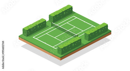Isometric view of a green clay tennis court with white lines and surrounding shrubbery a stylized silhouette high quality professional detailed