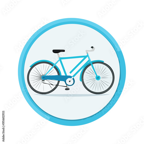 Bright blue commuter bicycle with fenders and black seat inside a circular blue frame, illustration