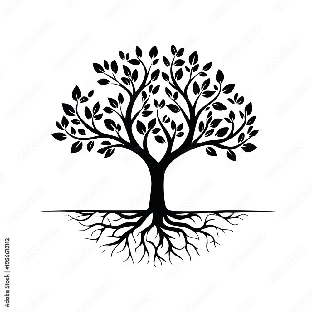 Fototapeta premium Stylized Black Tree Silhouette with Extensive Root System and Detailed Foliage