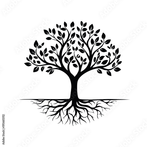 Stylized Black Tree Silhouette with Extensive Root System and Detailed Foliage