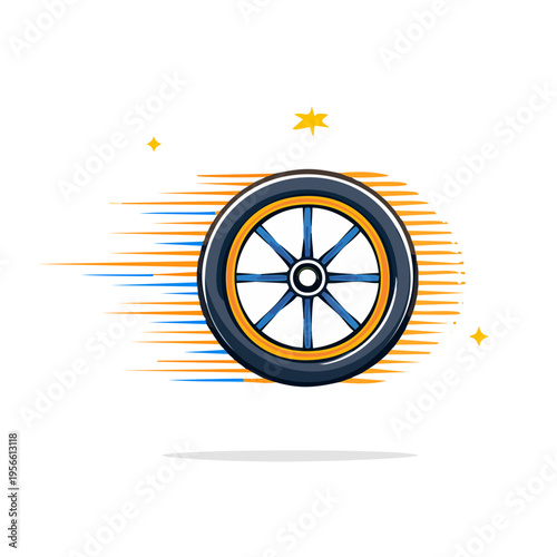Fast Moving Wheel Illustration with Streaks and Stars